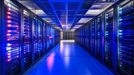 Poster - Empty server room hallway with glowing lights - ai