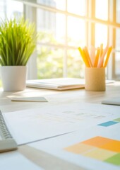 Poster - Sunlit Office Workspace with Diagrams and Greenery