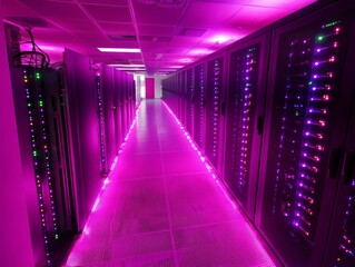 Poster - Empty server room hallway with glowing lights - ai