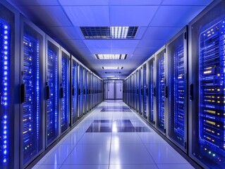 Poster - Empty server room hallway with glowing lights - ai