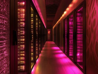 Poster - Empty server room hallway with glowing lights - ai