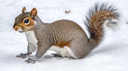 Wall Mural - squirrel in the snow with fluffy tail in winter close up beautiful animal photography