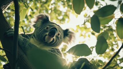 Wall Mural - koala bear perched in a eucalyptus tree bathed in golden sunlight with green leaves
