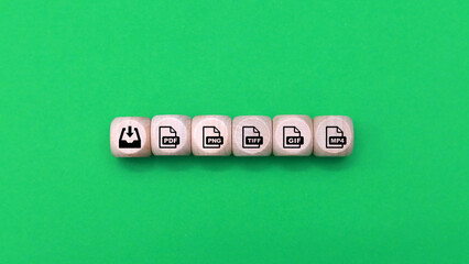 Aufkleber - Tag wood with icons of 5 types of image files namely JPEG, PNG, GIF, TIFF and SVG. The concept of saving files in the form of an image