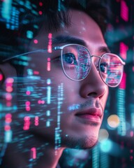 Fototapete - Futuristic Tech Insight Korean Man with Digital Interface and Blockchain Glow