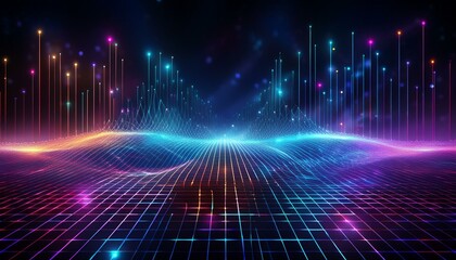 Poster - Abstract futuristic web with glowing neon light and grid line pattern on dark background. Generated image