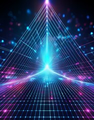 Poster - Abstract futuristic web with glowing neon light and grid line pattern on dark background. Generated image