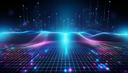 Poster - Abstract futuristic web with glowing neon light and grid line pattern on dark background. Generated image
