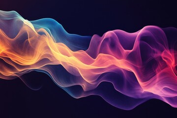 Poster - Abstract wave of colorful particles flowing smoothly against a dark background. The colors are vibrant and blend seamlessly. This image evokes a sense of movement and energy.