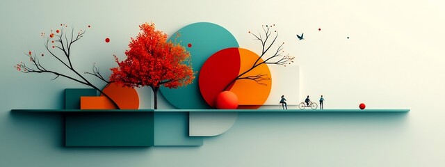 Poster - A digital depicting the varying frequencies and occurrences of different leisure activities in an abstract colorful and geometrically inspired landscape