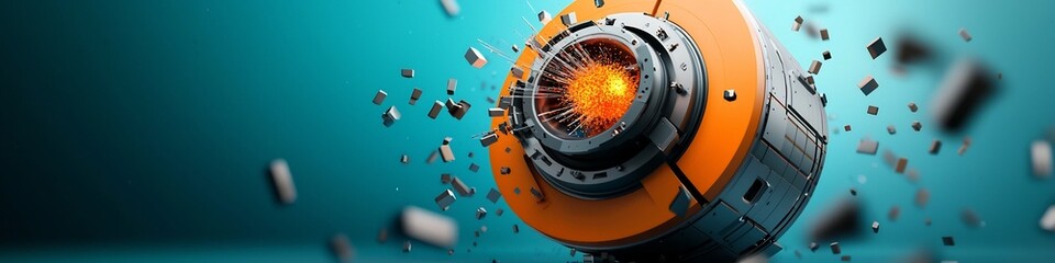 Poster - Detailed of a complex futuristic particle accelerator device measuring the frequency and impact of subatomic particle collisions during a high energy physics experiment or scientific research project