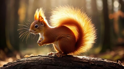 Wall Mural - a vibrant squirrel in the forest, its fur illuminated by the golden sunlight at dusk, resting on a l
