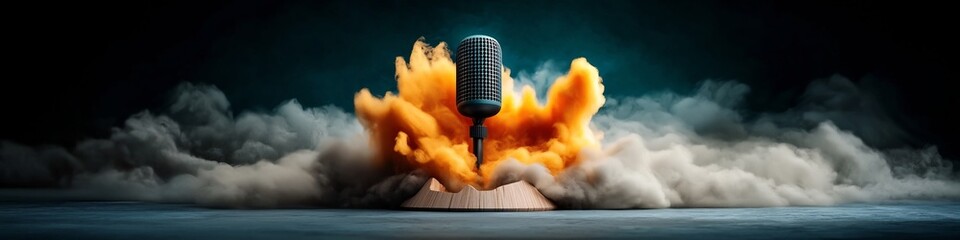Poster - Intense digital of an energetic burst or explosion emerging from a spectrographic visualization of a human voice signal  The image conveys the dynamic powerful