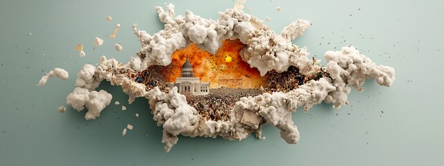 Poster - Stunning digital artwork depicting a powerful chaotic scene of an explosive volcanic eruption with fiery lava billowing smoke and a vibrant turbulent landscape