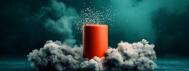 Poster - a 3d rendered image depicting the geiger marsden experiment visualizing the explosive frequency and 