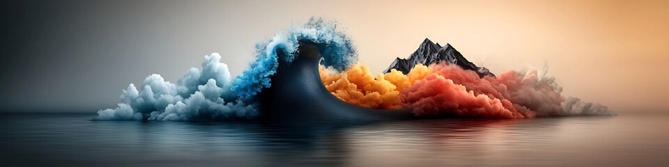 Poster - Dramatic and vivid depicting the animation of a powerful wave propagating through a dynamic colorful natural landscape  The wave creates a sense of energy motion and turbulence within the surreal