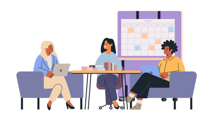 Poster - business meeting teamwork collaboration office scene three colleagues discussing project laptops cal