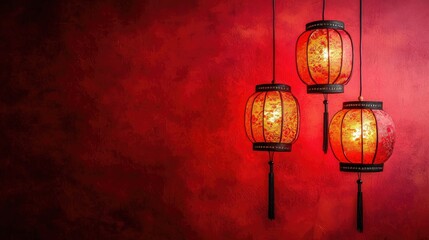 Wall Mural - Red lanterns hanging against textured red wall; festive Asian decor; background for celebration