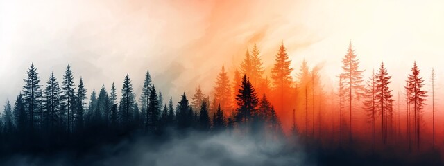 Poster - Ethereal silhouette of a dense forest at the magic hour with a warm fiery glow illuminating the mist and trees against a moody atmospheric backdrop