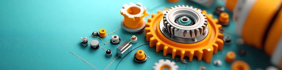 Poster - 3D rendered diagram illustrating the frequency response characteristics of a mechanical system showing various gears cogs and other industrial components