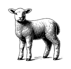 Wall Mural - little lamb engraving black and white outline