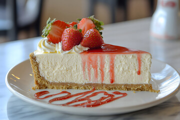 Wall Mural - A slice of classic New York-style cheesecake with a smooth, creamy filling and a graham cracker crust, topped with fresh strawberries and a drizzle of strawberry syrup.