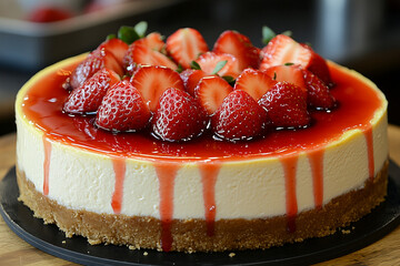 Wall Mural - A whole round New York-style cheesecake with a smooth, creamy filling and a graham cracker crust, topped with fresh strawberries and a drizzle of strawberry syrup.