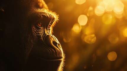 Wall Mural - close-up of a gorilla's face with golden light filtering through trees in the background