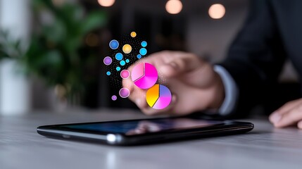 Poster - Person interacting with digital pie charts and data points on a tablet.