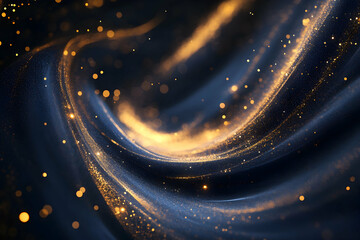 Wall Mural - Elegant dark blue digital background with swirling golden particles and soft Christmas-inspired bokeh effects