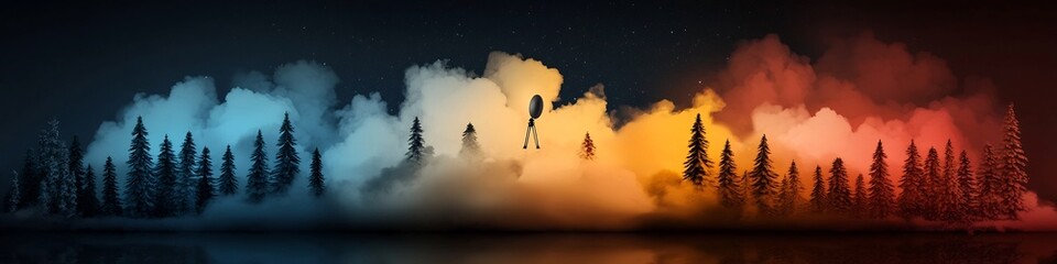 Poster - Dramatic mountainous landscape with a silhouetted forest shrouded in mysterious fog and mist set against a fiery glow of the setting sun at dusk creating a captivating and ethereal atmosphere