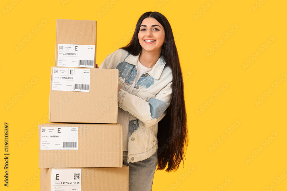 Pregnant online store seller with parcel boxes on yellow background