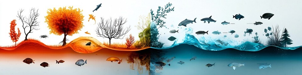 Poster - Diagram Illustrating the Frequency Response of a Species to Changes in Habitat Conditions Depicted in a Colorful Surreal Landscape with Ocean Desert and Plant Life Scenes