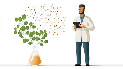 Poster - Scientist with Beaker and Plant Growth Displaying Organic Connections Concept in a Laboratory Setting