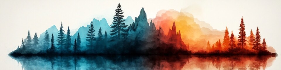 Poster - Mystical Mountainous Landscape with Reflective Lake in Vibrant Sunset Colors   A stunning digital depicting a serene and atmospheric natural scene with towering peaks dense forests