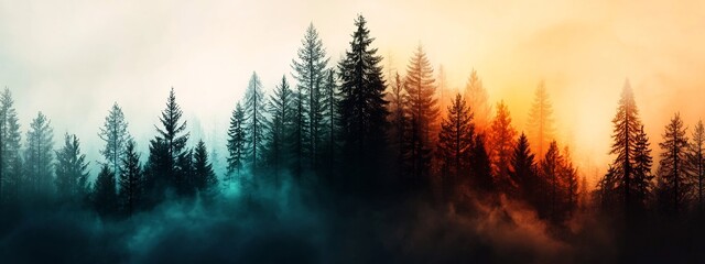 Poster - Enchanting fog shrouded forest bathed in warm sunset glow creating a mystical and atmospheric landscape  The towering pine and fir trees stand tall