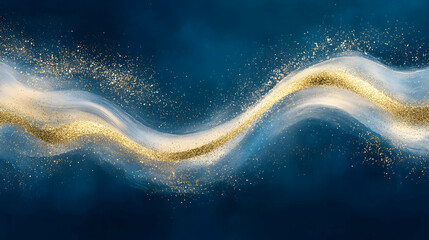 Wall Mural - Shining golden glitter cascading like a wave with sparkling dust accents on an elegant blue background