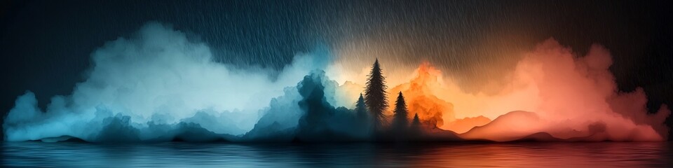 Poster - Dramatic and moody digital of a misty mountain landscape with glowing clouds reflecting in a serene lake creating a surreal and ethereal atmosphere