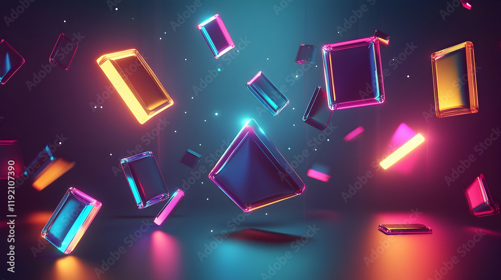 Vibrant 3D geometric shapes with glowing edges and metallic textures ...
