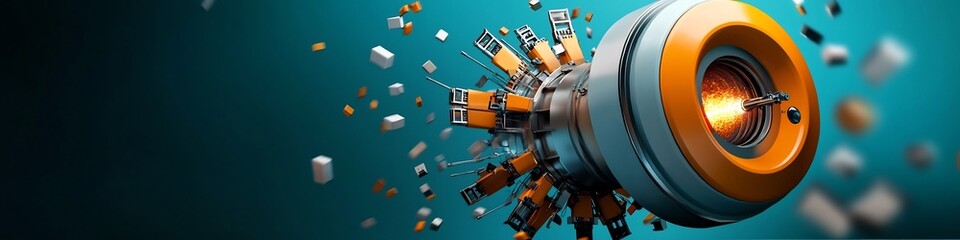 Poster - A detailed digital of a powerful particle accelerator system designed to precisely measure the frequency and impact of subatomic particle collisions for advanced scientific research and discovery
