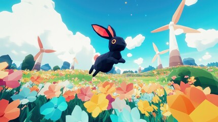 Poster - A black rabbit leaps through a vibrant field of flowers, under a bright sky with wind turbines in the background.