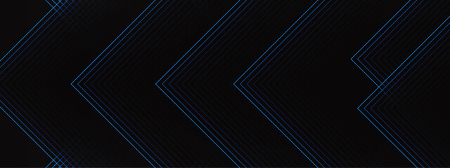 Poster - Abstract Chevron Pattern with Subtle Blue Highlights on Black Background. Futuristic and Minimalist Linear Design. Blue and black vector 3D technology futuristic glow with line