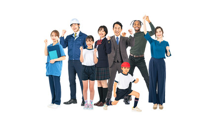 Poster - ガッツポーズする様々な属性のグループ　手作業で精密に切り抜いた背景透過全身写真PNG