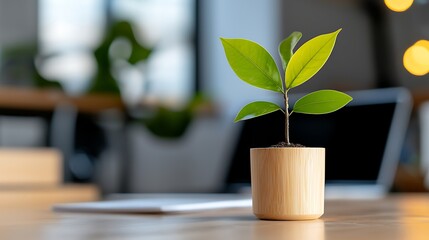 Canvas Print - Small green plant in wooden pot on desk, blurred office background.