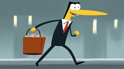 Poster - A cartoon businessman in a suit carries a bag of candy while walking.