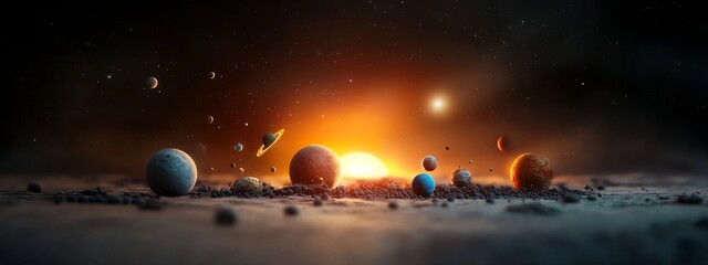 Poster - A 3D rendered digital artwork that vividly captures the frequency and occurrence of diverse astronomical phenomena including planets galaxies comets meteors and other celestial objects