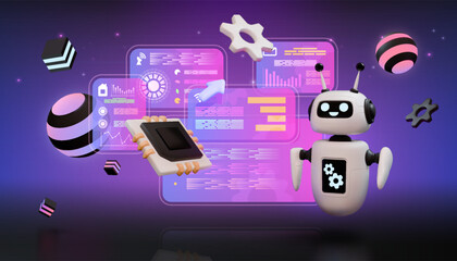 Poster - AI technology. 3D futuristic robot. Digital HUD data text or software bot. Tech programming. Computer microchip. Artificial intelligence. Geometric render shapes. Vector background