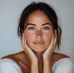 Wall Mural - Beautiful young woman with perfect, clean, fresh skin touching her face and smiling, isolated on a white background.