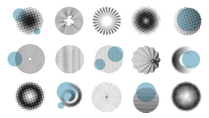 Aufkleber - Dot pattern. Abstract logo design, line geometry shape or circular graphic elements. Round gradient texture. Halftone monochrome dotted geometric design. Logotype background vector icons set