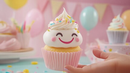 Poster - A child's hand holds a cheerful cupcake with meringue frosting, decorated with sprinkles, at a birthday party.